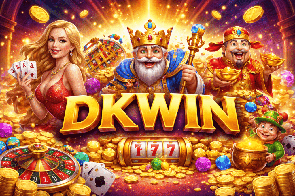 A vibrant, horizontally oriented casino-themed promotional banner featuring large, golden 3D letters spelling “DKWIN” at the center. Surrounding the text are colorful, animated characters: a glamorous woman in a red dress holding playing cards on the left, a cheerful king with a crown and scepter in the middle, and a smiling fortune figure holding gold ingots on the right. The background is filled with glowing lights, falling gold coins, a roulette wheel, dice, gemstones, and a slot machine displaying “777,” creating a festive, high-energy gambling atmosphere.